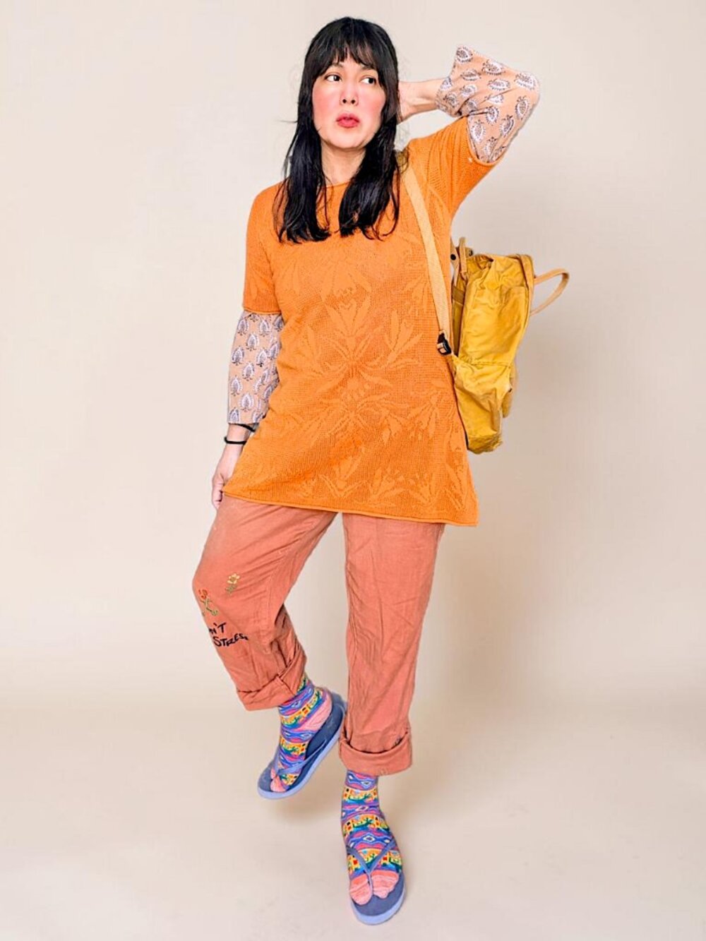 Gudrun Sjoden dusty orange floral pointelle crochet Kamala tunic minidress S New